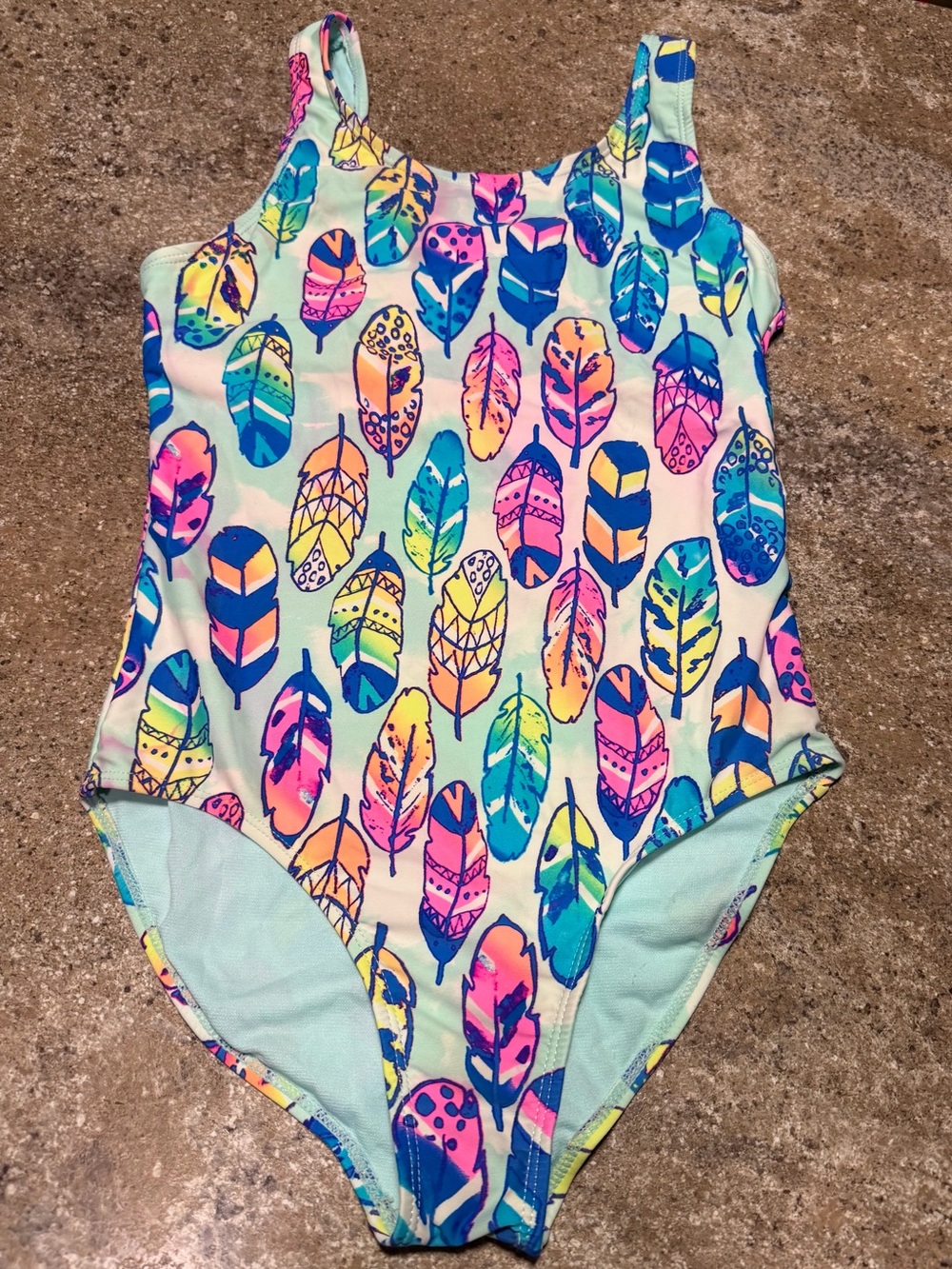 Wonder Nation Rainbow Feathers Girls Tank One Piece Bathing Suit Size 10-12